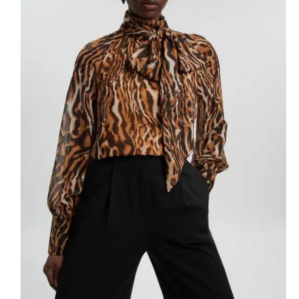 NEW Karen Millen Animal Print Georgette Tie Bow Neck Woven Blouse Women's 6
